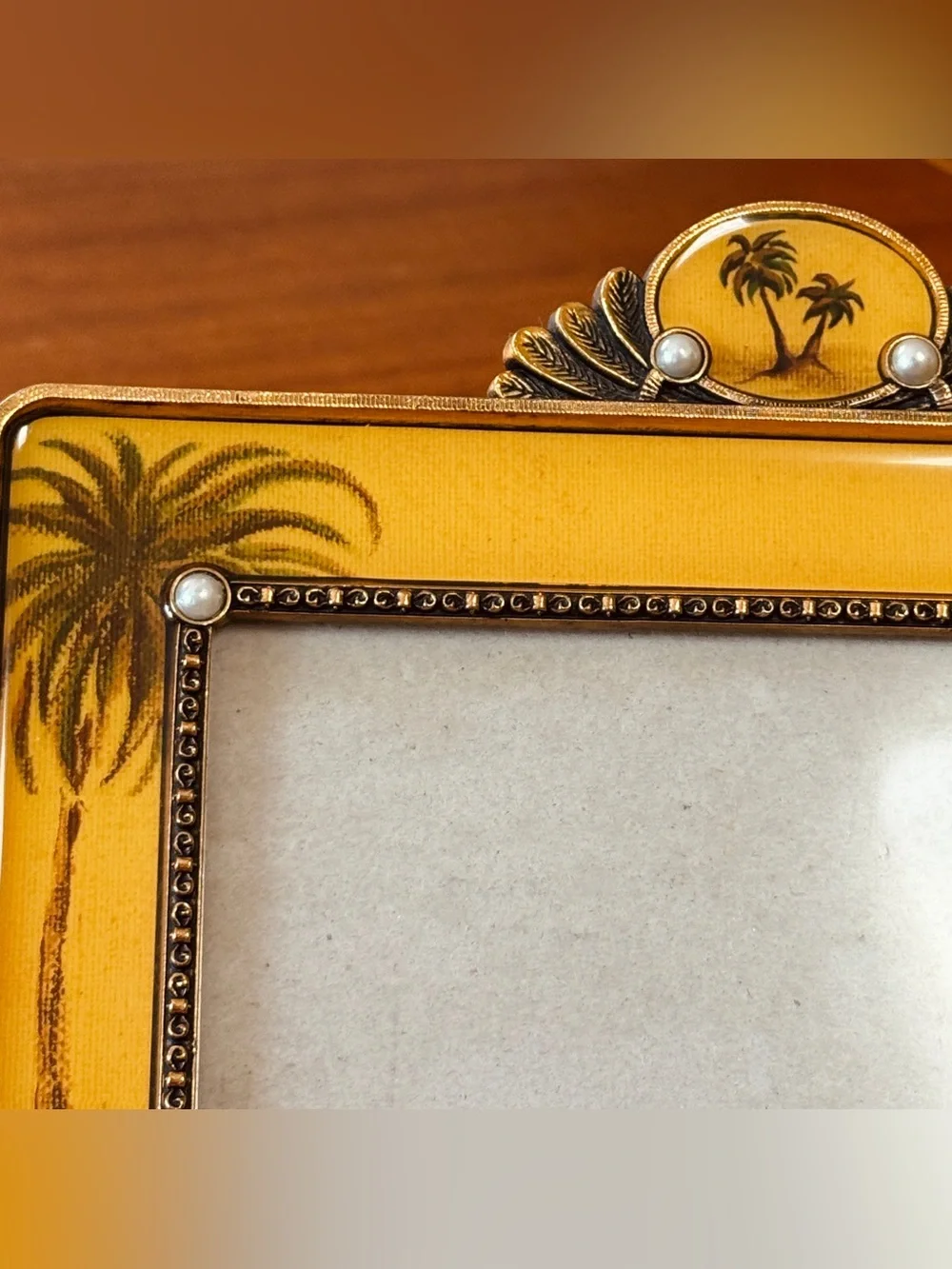 Vintage Home Collection Palm Tree 4x6 Photo Frame Gold Enamel Faux Pearl Detail